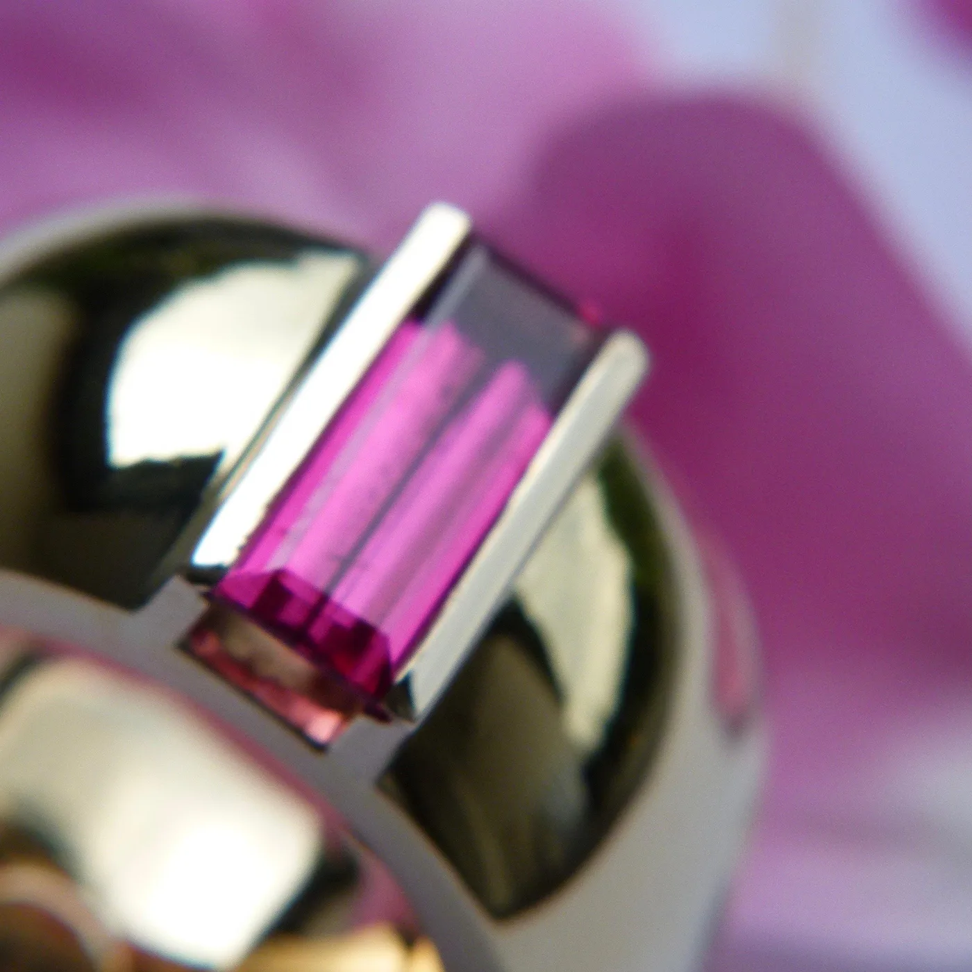 Breiter Gelbgoldring mit pinkfarbenem Turmalin im Baguette-Schliff